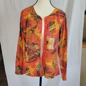 Victor Victor Alfaro bright orange abstract silk/cashmere blend cardigan L